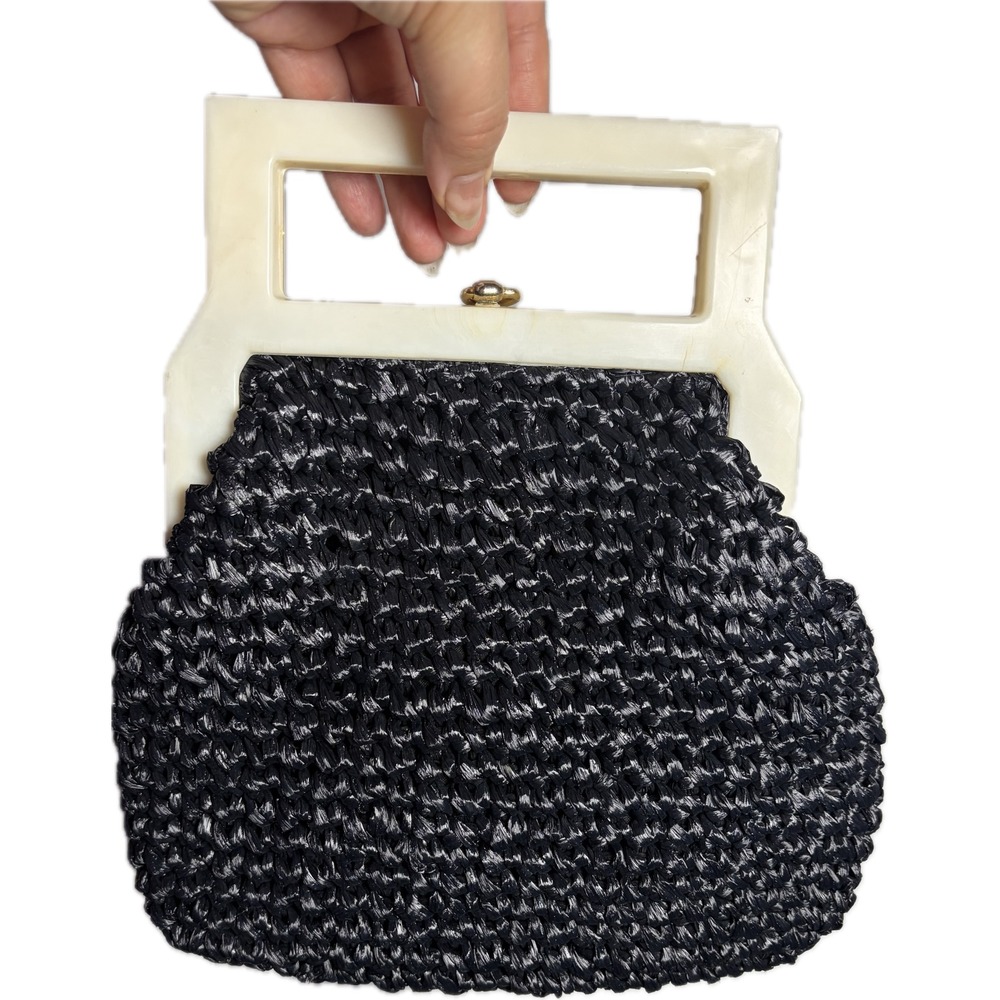 Vintage La‎ Regale Black Woven Bag White Frame 1960s Mid Century Handbag DAMAGED
